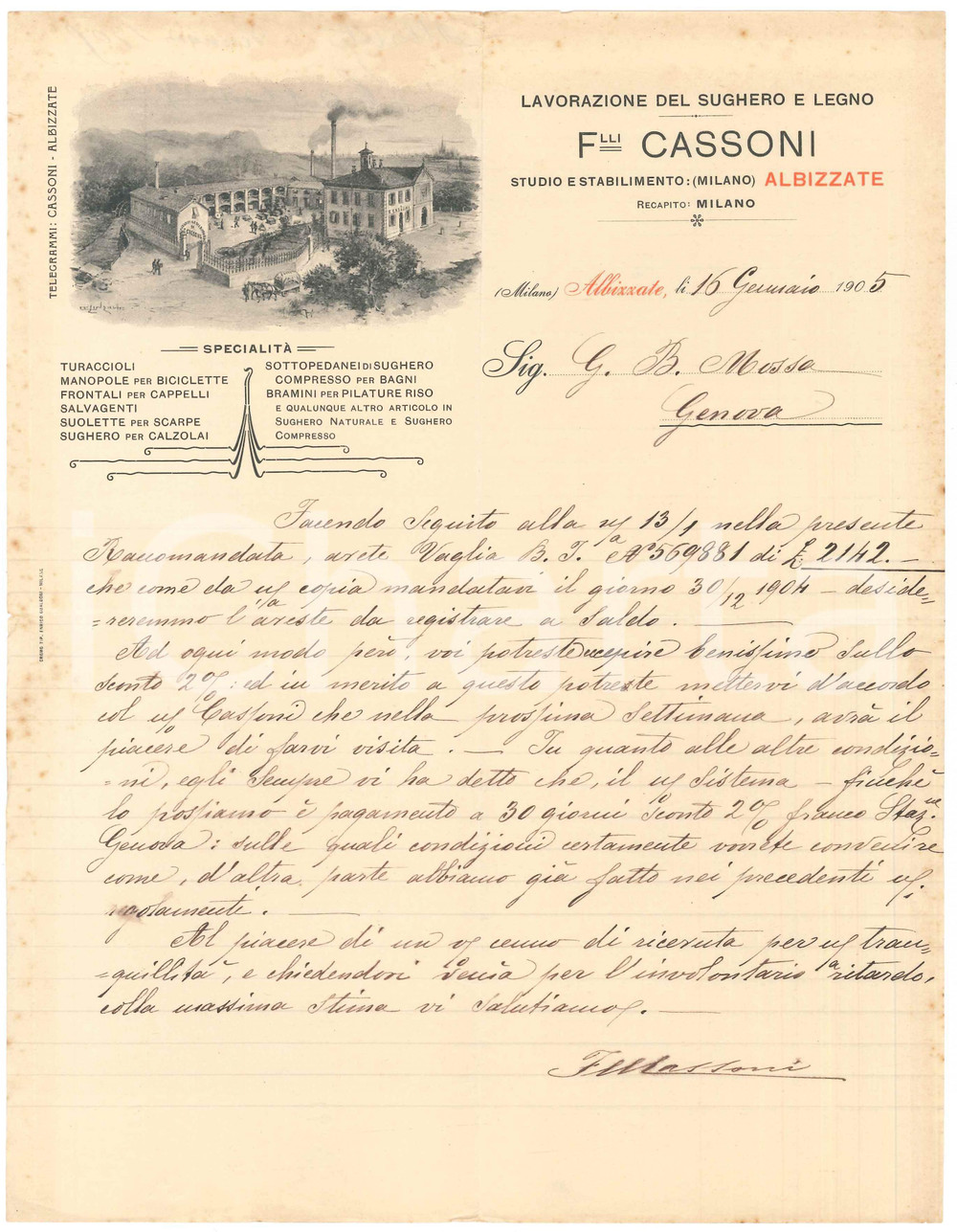 1905 ALBIZZATE (VA) F.lli CASSONI Lavorazione del sughero - Lettera commerciale