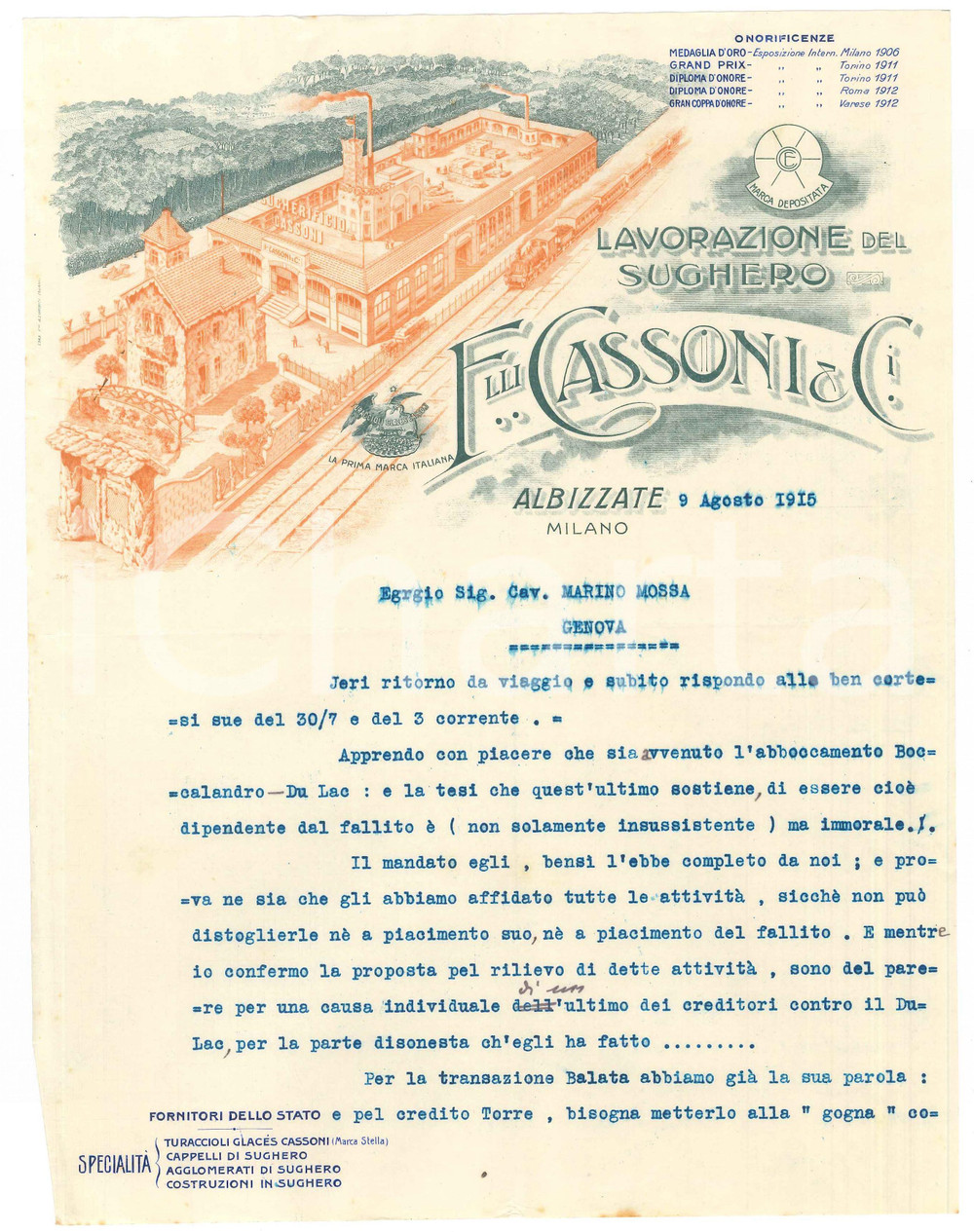 1915 ALBIZZATE (VA) F.lli CASSONI Lavorazione del sughero - Lettera commerciale