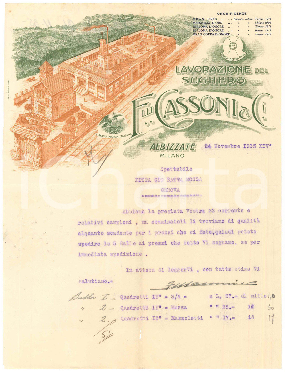 1935 ALBIZZATE (VA) F.lli CASSONI Lavorazione del sughero - Lettera commerciale