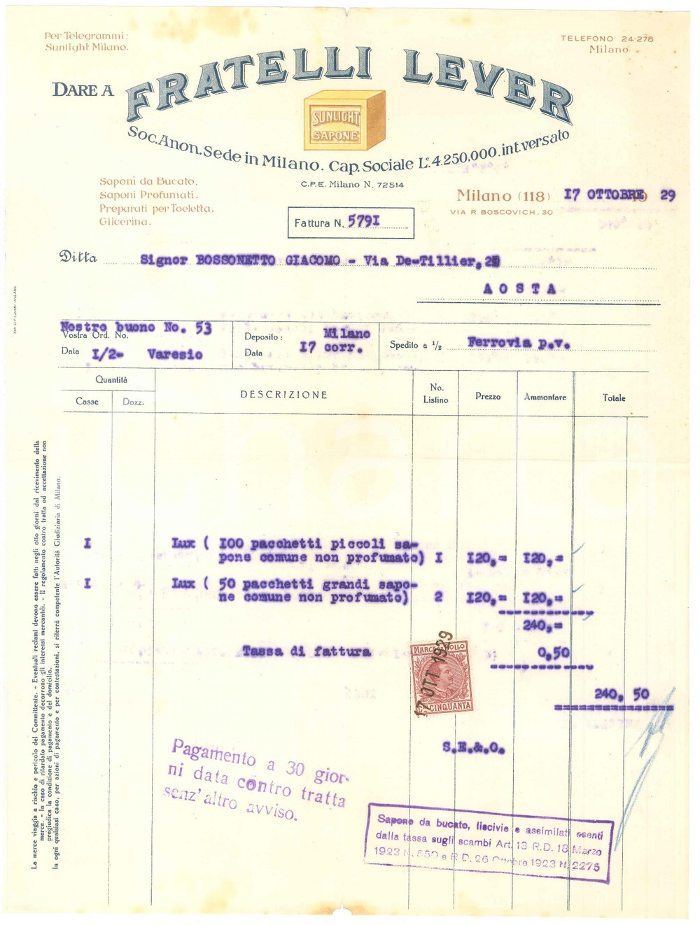 1929 MILANO Società Fratelli LEVER Sapone SUNLIGHT - Fattura (1)