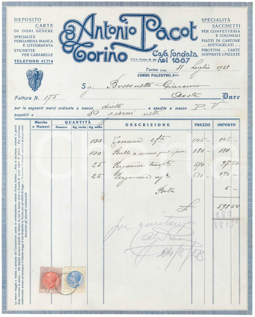 1928 TORINO Corso Palestro 8 bis - Antonio PACOT Deposito carte - Fattura (3) Fattura commerciale d'epoca manoscritta, su carta intestata. Presenti marche da bollo.PAGINE: 1 FAIR/discreto piegature d'epoca; piccola macchia Formato: 22x28 cm originale e autentica 1