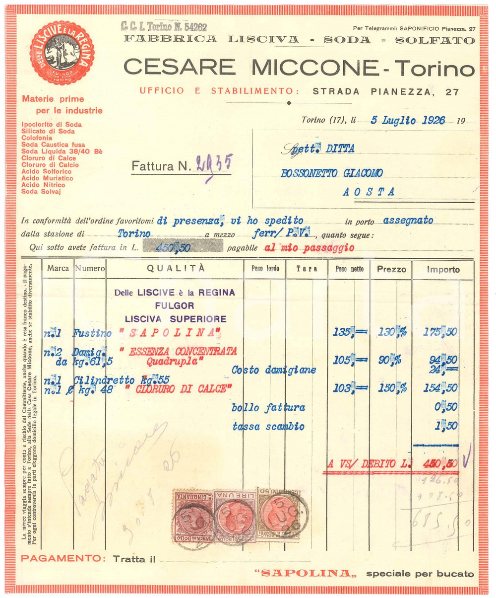 1926 TORINO Strada Pianezza 27 Cesare MICCONE Lisciva Soda Solfato - Fattura (1) Fattura commerciale d'epoca dattiloscritta, su carta intestata.Presenti marche da bollo.PAGINE: 1 FAIR/discreto piegature d'epoca Formato: 21x26 cm originale e autentica 1