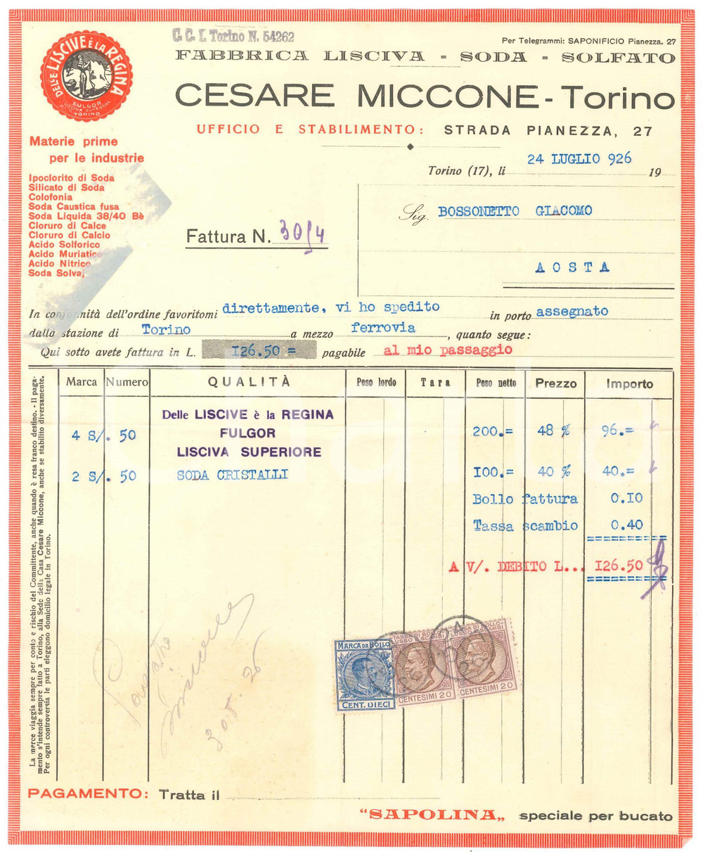 1926 TORINO Strada Pianezza 27 Cesare MICCONE Lisciva Soda Solfato - Fattura (2) Fattura commerciale d'epoca dattiloscritta, su carta intestata.Presenti marche da bollo.PAGINE: 1 POOR/danneggiato piegature d'epoca; ingiallimento al lato inferiore; residuo cartaceo al lato sinistro Formato: 21x26 cm originale e autentica 1