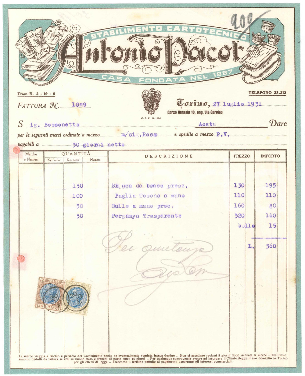 1931 TORINO C.so Venezia 10 Antonio PACOT Stabilimento cartotecnico *Fattura (6)