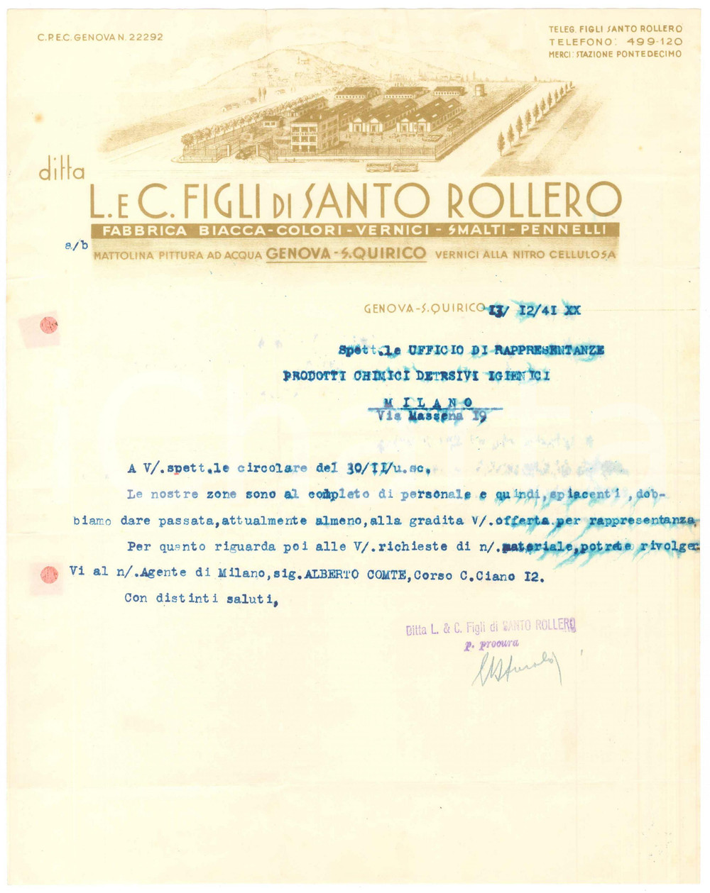 1941 GENOVA S. QUIRICO - Ditta L. e C. Figli di Santo ROLLERO Vernici - Lettera Lettera commerciale d'epoca dattiloscritta, su carta intestata illustrata.PAGINE: 1 POOR/danneggiato piegature d'epoca; fori da classificatore; piccola macchia al lato sinistro; strappo di 1 cm al lato destro Formato: 22x28 cm originale e autentica 1