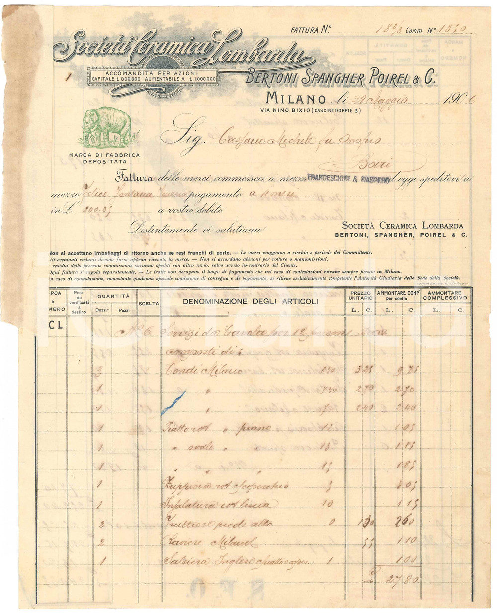 1906 MILANO Via Bixio SocietÃ  Ceramica Lombarda BERTONI SPANGHER POIREL *Fattura Fattura commerciale d'epoca manoscritta, su carta intestata.PAGINE: 2 facciate POOR/danneggiato piegature d'epoca; residui cartacei; strappi e minime mancanze marginali; traccia di ruggine al lato superiore Formato: 22x28 cm originale e autentica 1
