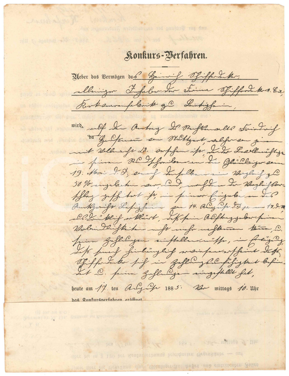 1885 BESIGHEIM (D) Konkursverfahren - Documento procedura fallimentare Documento a stampa, con inserti manoscritti.PAGINE: 1 (2 facciate) FAIR/discreto piegature d'epoca  originale e autentica 1