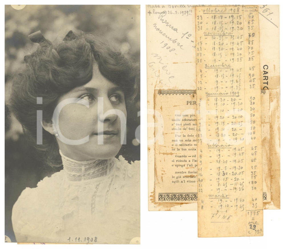 1908 ROMA Ritratto di Maria CERONI - Profilo - Foto cartolina Fotografia d'epoca, in formato cartolina postale.Al verso reca la data, alcune note biografiche sulla giovane, una poesia e una lista manoscritta di date e durate in minuti (presumibilmente degli incontri con la donna ritratta).Non viaggiata. FOTOGRAFO: Luigi (Gigi) Grea NOTA BENE: TUTTI I DIRITTI RISERVATI;E' VIETATA LA RIPRODUZIONE FAIR/discreto difetti di stampa Formato: 9x14 cm originale e autentica 1