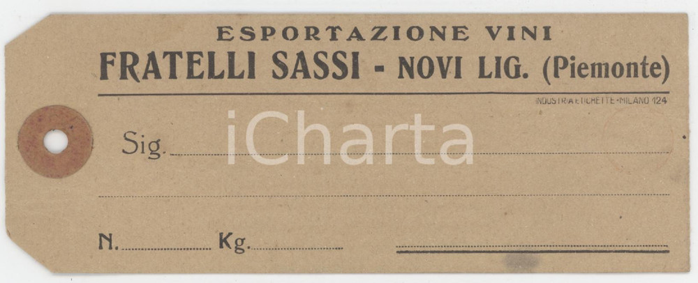 1930 ca NOVI LIGURE Fratelli SASSI Esportazione vini - Etichetta pubblicitaria 1 Etichetta pubblicitaria d'epoca. FAIR/discreto piegature d'epoca; lieve macchia al lato inferiore Formato: 13x5 cm originale e autentica 1