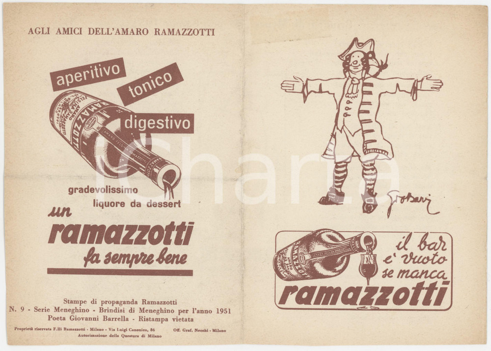 1951 AMARO RAMAZZOTTI Pieghevole Brindisi di MENEGHINO - Poeta BARRELLA