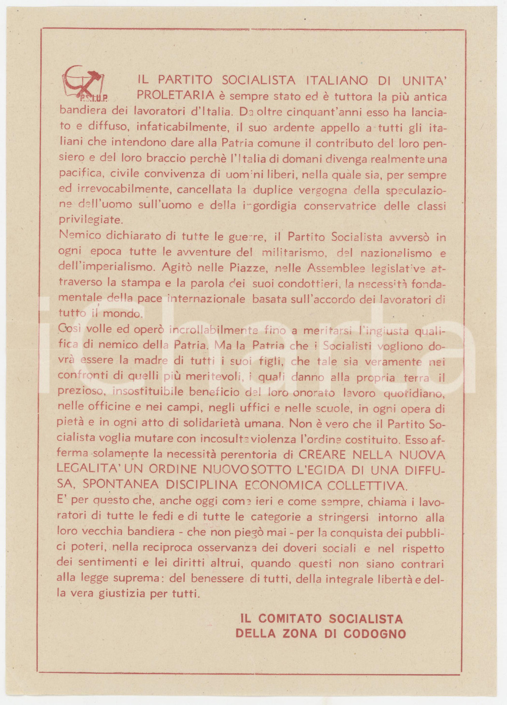 1970 ca CODOGNO (LO) PROPAGANDA PSIUP - Lavoratori di tutte le fedi - Volantino