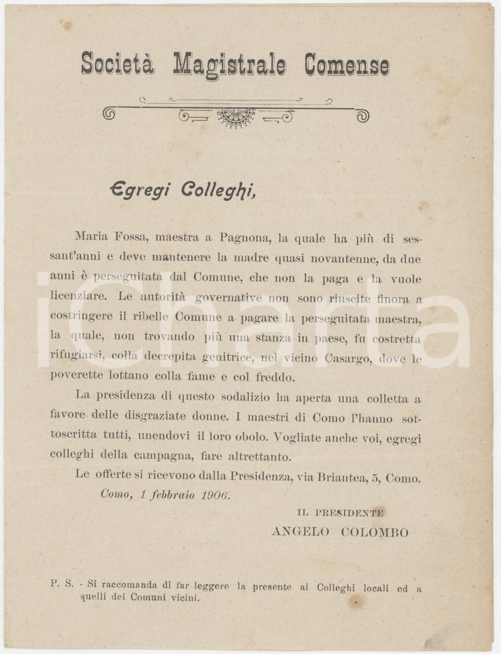 1906 COMO Società Magistrale COMENSE pro Maria FOSSA maestra perseguitata