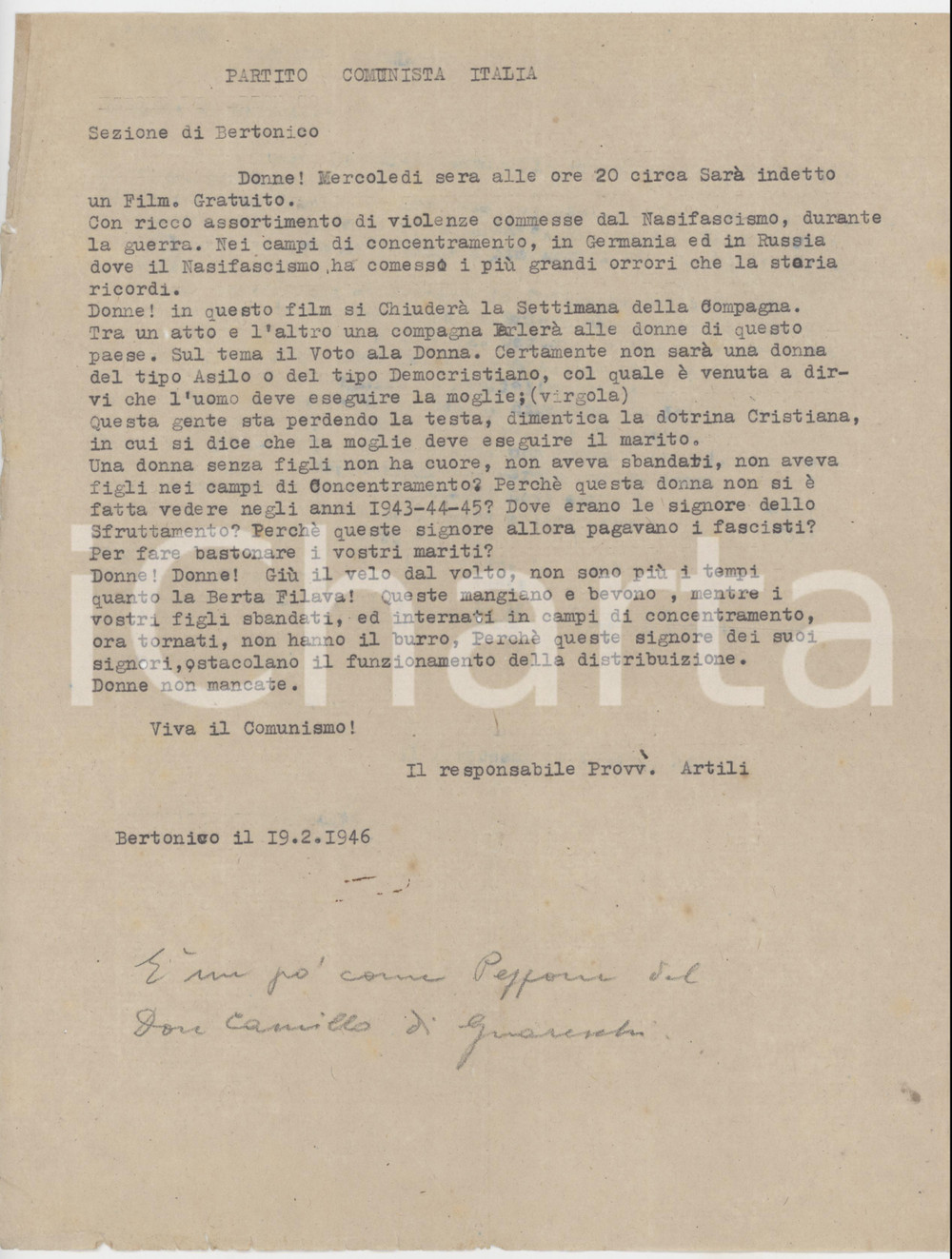 1946 BERTONICO - PCI Settimana della compagna - Film sui campi di concentramento