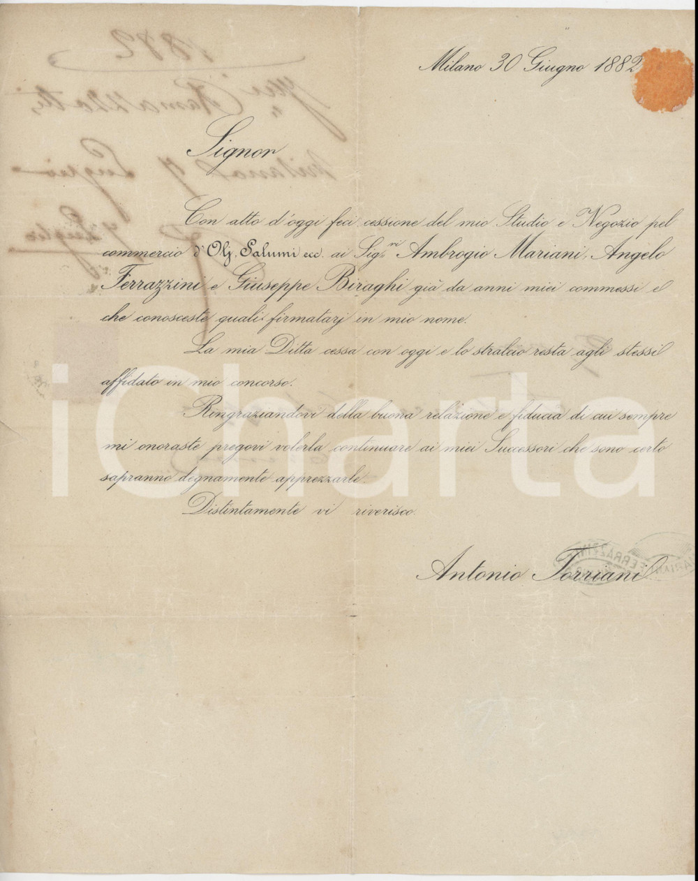 1882 MILANO Antonio TORRIANI cede negozio salumi a MARIANI, FERRAZZINI E C.