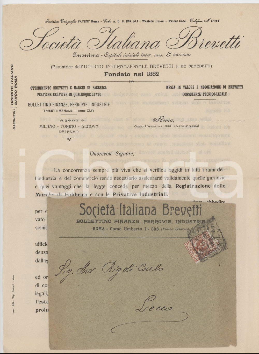1900 ca ROMA Corso Umberto I SOCIETÃ€ ITALIANA BREVETTI Lettera con busta 21x29 Documento d'epoca con busta.  FAIR/discreto Piegature d'epoca, gualciture e bruniture diffuse, piegatura all'angolo superiore destro, strappi alla busta FORMATO: 21x29 cm originale e autentica 1