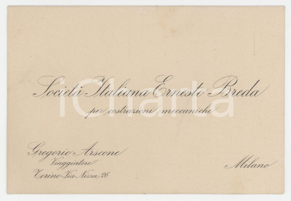 1920 ca TORINO - Gregorio ARSCONE Viaggiatore SocietÃ  Ernesto BREDA - Biglietto Biglietto da visita d'epoca.  POOR/danneggiato piegature FORMATO: 13x9 cm originale e autentica 1