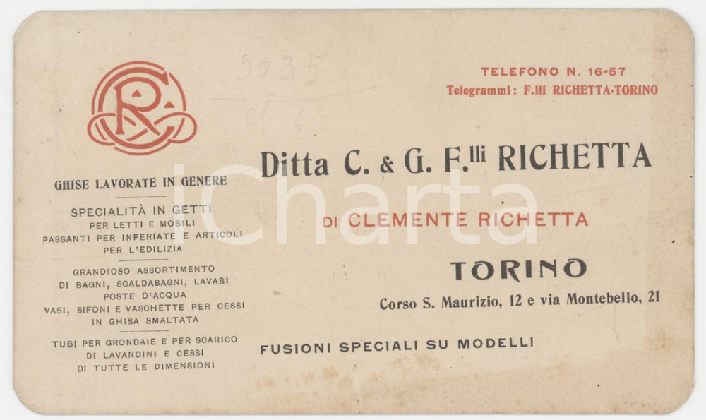 1930 ca TORINO C.so S. Maurizio - Ditta C. G. F.lli RICHETTA Ghise - Cartoncino Cartoncino pubblicitario d'epoca.Torino, Corso S. Maurizio n. 12 e via Montebello n. 21.  FAIR/discreto ingiallimenti marginali Formato: 12x7 cm originale e autentica 1