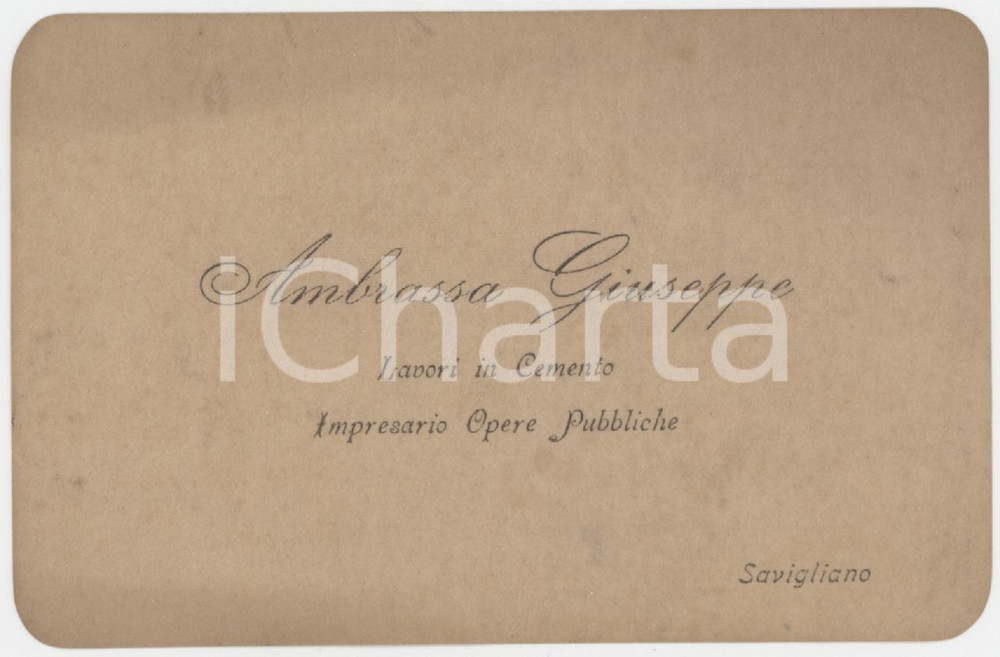 1910 ca SAVIGLIANO (CN) Giuseppe AMBRASSA Lavori in cemento *Biglietto da visita Biglietto da visita d'epoca.  FAIR/discreto lievi bruniture marginali Formato: 11x7 cm originale e autentica 1