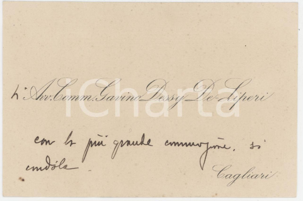 1920 ca CAGLIARI Avv. Gavino DESSY DELIPERI - Biglietto AUTOGRAFO Biglietto da visita con messaggio autografo. GOOD/buono  Formato: 11x7 cm originale e autentica 1