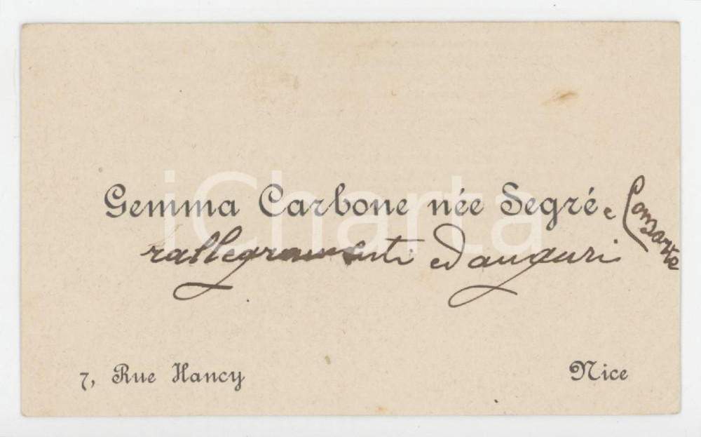 1920 ca NICE (FRANCE) Gemma CARBONE nÃ©e SEGRE' - Biglietto da visita autografo Biglietto da visita con messaggio autografo.   GOOD/buono  FORMATO: 10x6 cm originale e autentica 1