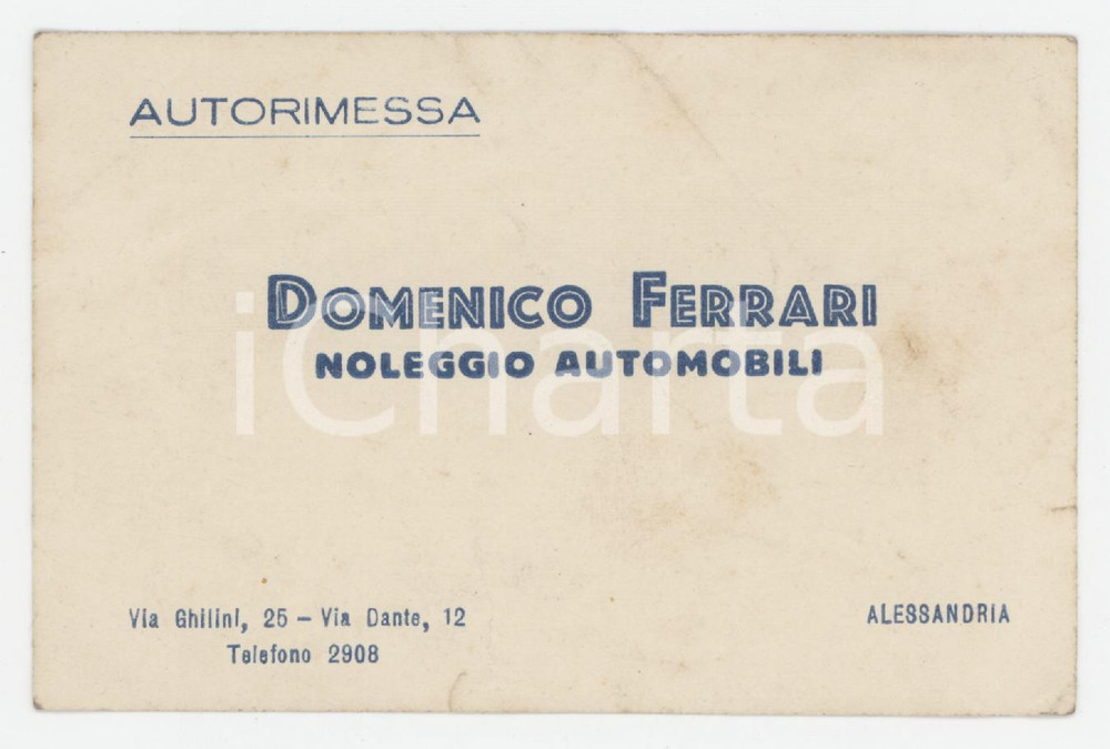 1943 ALESSANDRIA Domenico FERRARI Noleggio automobili - Biglietto da visita