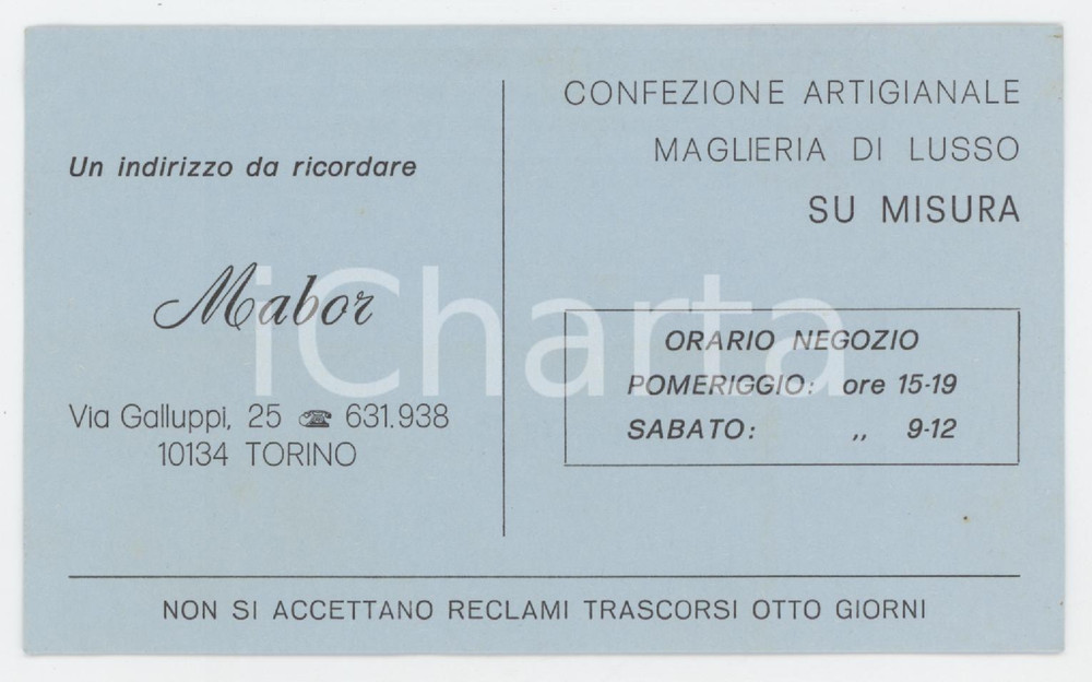 1950 ca TORINO Via Galluppi - MABOR Maglieria di lusso *Cartoncino pubblicitario