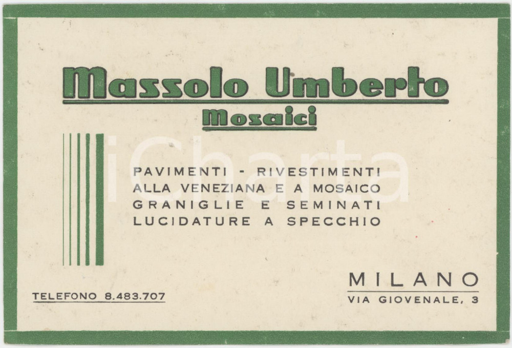 1950 ca MILANO Via Giovenale 3 Umberto MASSOLO Mosaici *Cartoncino pubblicitario