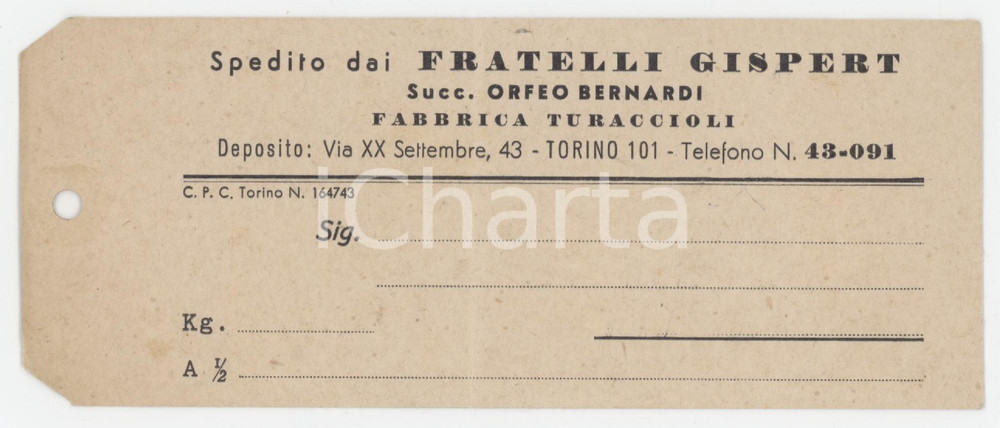 1930 ca TORINO Via XX Settembre Fratelli GISPERT Fabbrica turaccioli - Etichetta