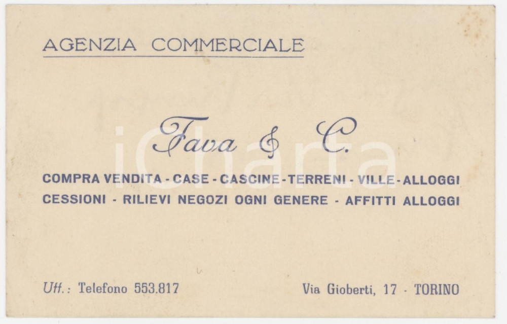 1950 ca TORINO Via Gioberti FAVA & C. Agenzia Commerciale - Biglietto da visita