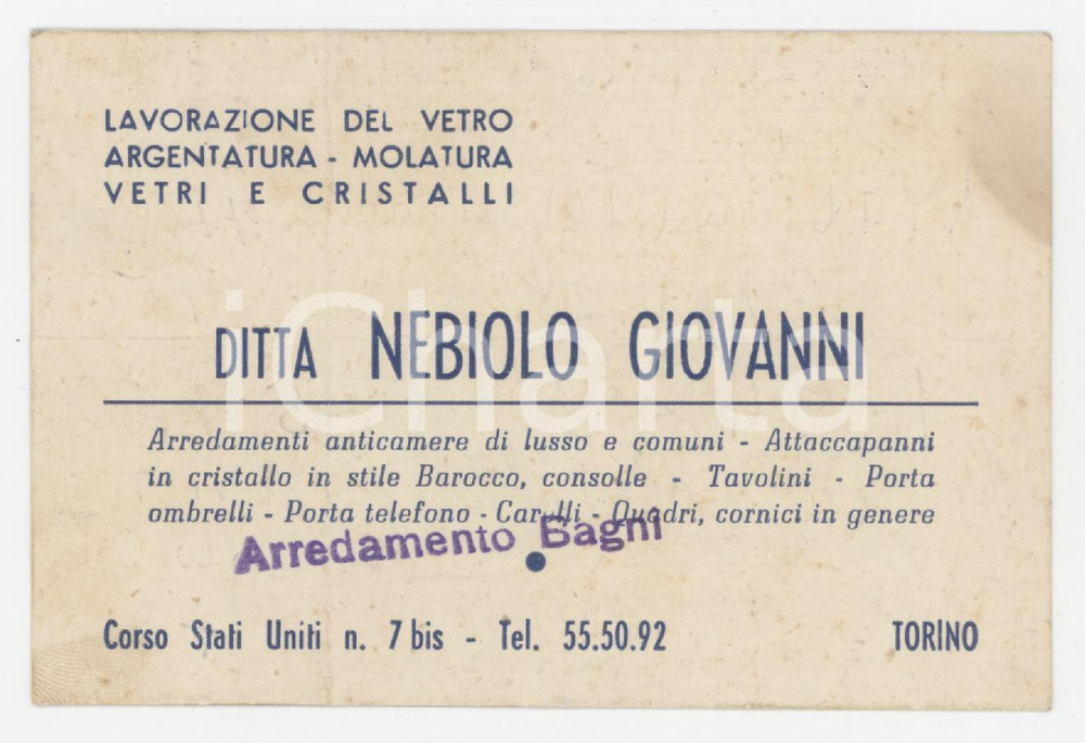 1958 TORINO Corso Stati Uniti - Ditta Giovanni NEBIOLO Arredamenti - Biglietto