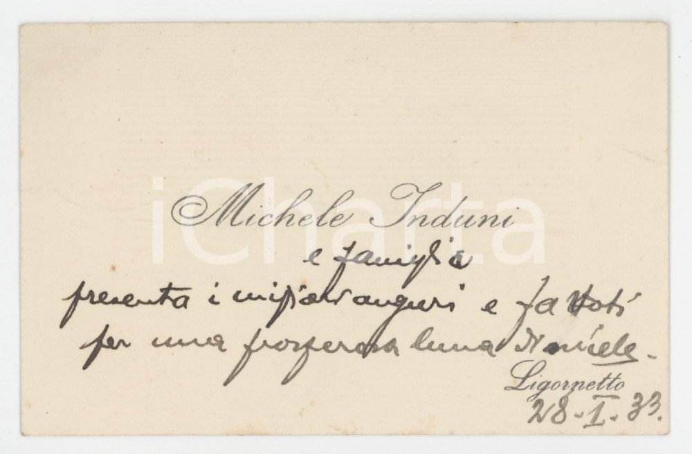 1933 LIGORNETTO (SVIZZERA) Michele INDUNI - Biglietto da visita AUTOGRAFO
