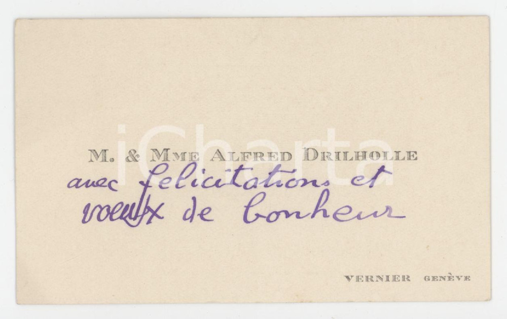 1920 ca VERNIER (GenÃ¨ve, CH) M. & Mme Alfred DRILHOLLE - Carte de visite Biglietto da visita d'epoca. GOOD/buono  Formato: 10x6 cm originale e autentica 1