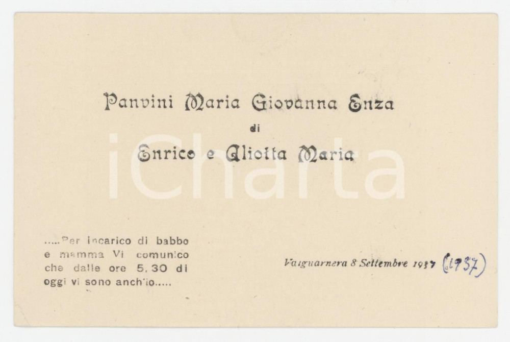1937 VALGUARNERA CAROPEPE (EN) Maria Giovanna Enza PANVINI - Annuncio di nascita