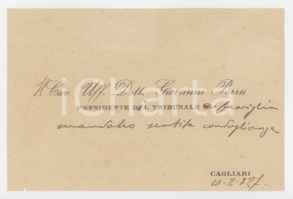 1927 CAGLIARI Giovanni PORRU Presidente di Tribunale - Biglietto AUTOGRAFO