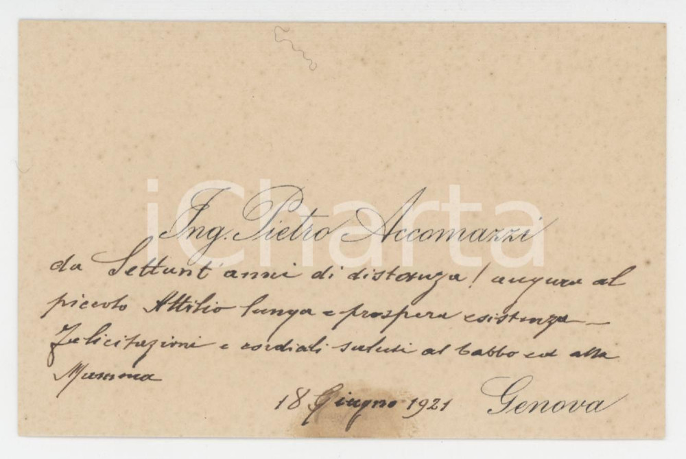 1921 GENOVA Ing. Pietro ACCOMAZZI - Biglietto da visita AUTOGRAFO