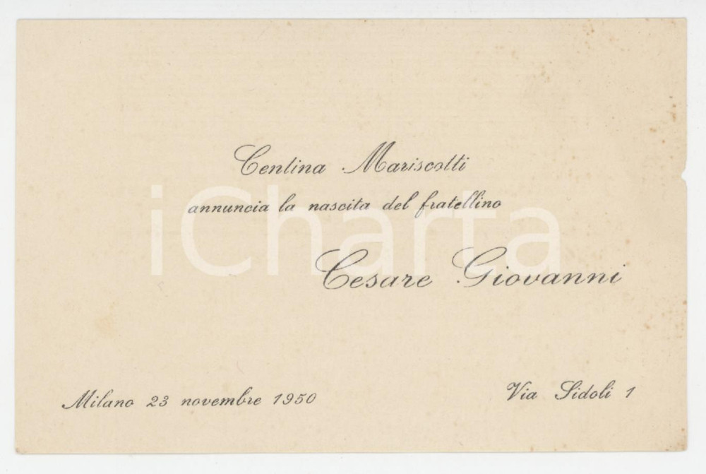 1950 MILANO Via Sidoli 1 - Cesare Giovanni MARISCOTTI - Annuncio di nascita