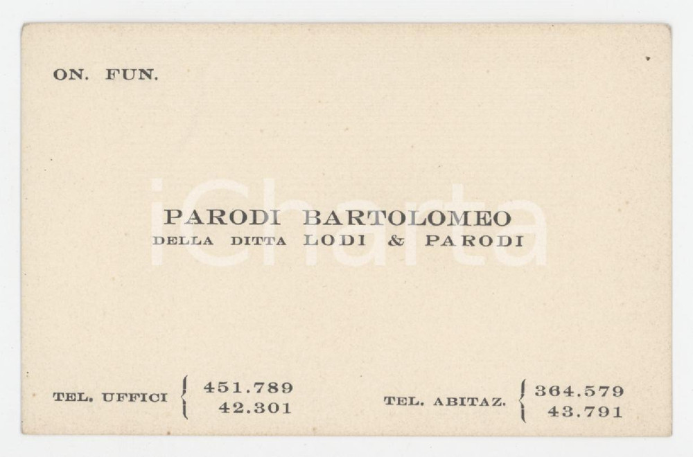 1950 ca Bartolomeo PARODI della Ditta LODI & PARODI - Biglietto da visita