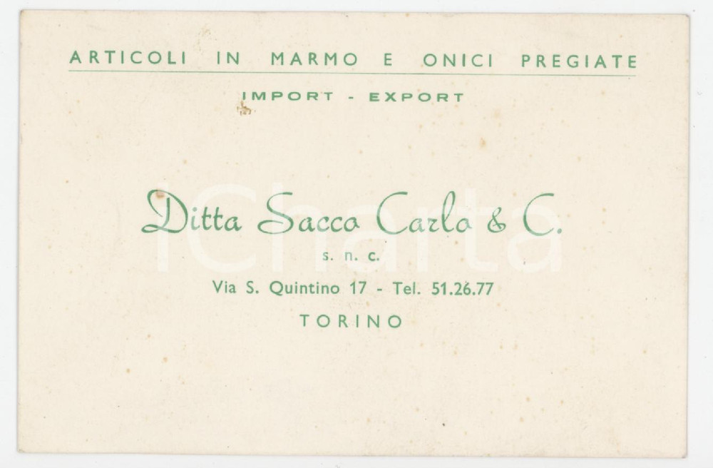 1950 ca TORINO Via S. Quintino Ditta Carlo SACCO & C. Marmo e onici - Biglietto