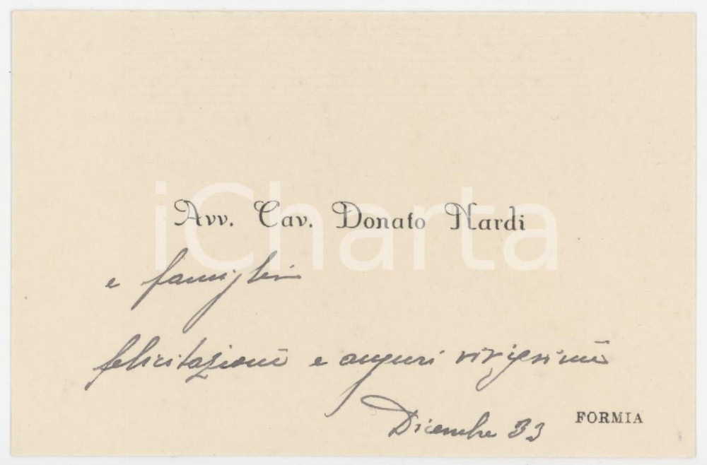 1933 FORMIA Avv. Cav. Donato NARDI - Biglietto da visita AUTOGRAFO