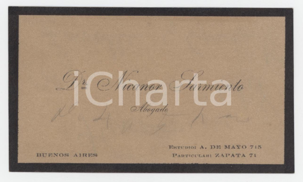 Oggetto da collezione cartaceo 1920 ca BUENOS AIRES ARGENTINA Nicanor SARMIENTO abogado  Biglietto da visita 1