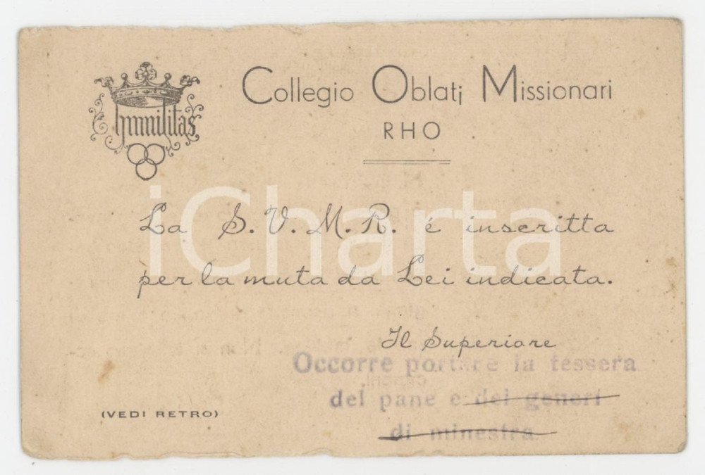 1910 ca RHO (MI) - Collegio Oblati Missionari - Tessera