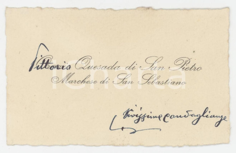 1925 ca NOBILTA' SARDEGNA Vittorio QUESADA DI SAN PIETRO - Biglietto AUTOGRAFO Biglietto da visita con messaggio autografo del marchese di San Sebastiano.  GOOD/buono  Formato: 10x6 cm originale e autentica 1