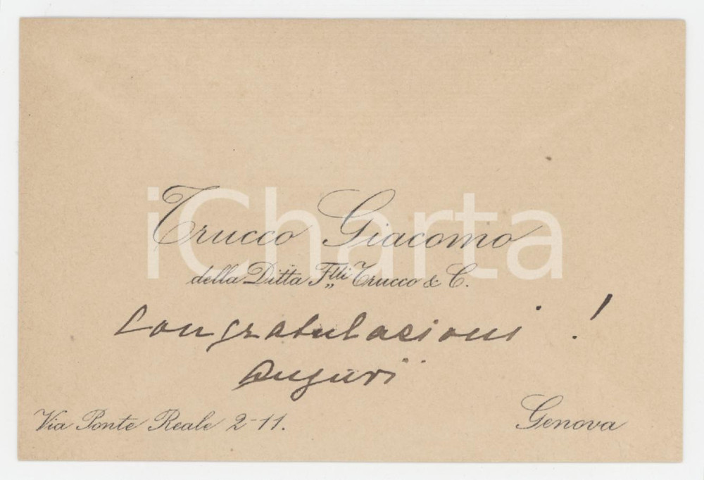 1920 ca GENOVA Giacomo TRUCCO - Ditta F.lli TRUCCO *Biglietto da visita