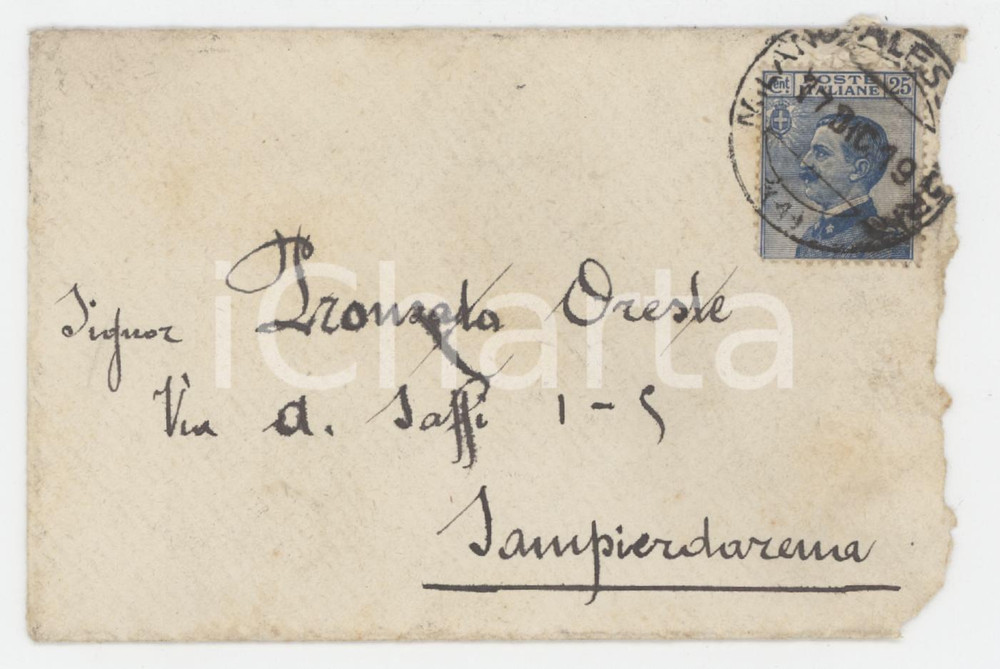 1919 NICORVO (PV) Edoardo PRONZATO Capo stazione - Biglietto da visita Biglietto da visita d'epoca, con messaggio manoscritto su entrambe le facciate.Busta viaggiata. POOR/danneggiato mancanza al lato superiore Formato: 11x7 cm originale e autentica 1
