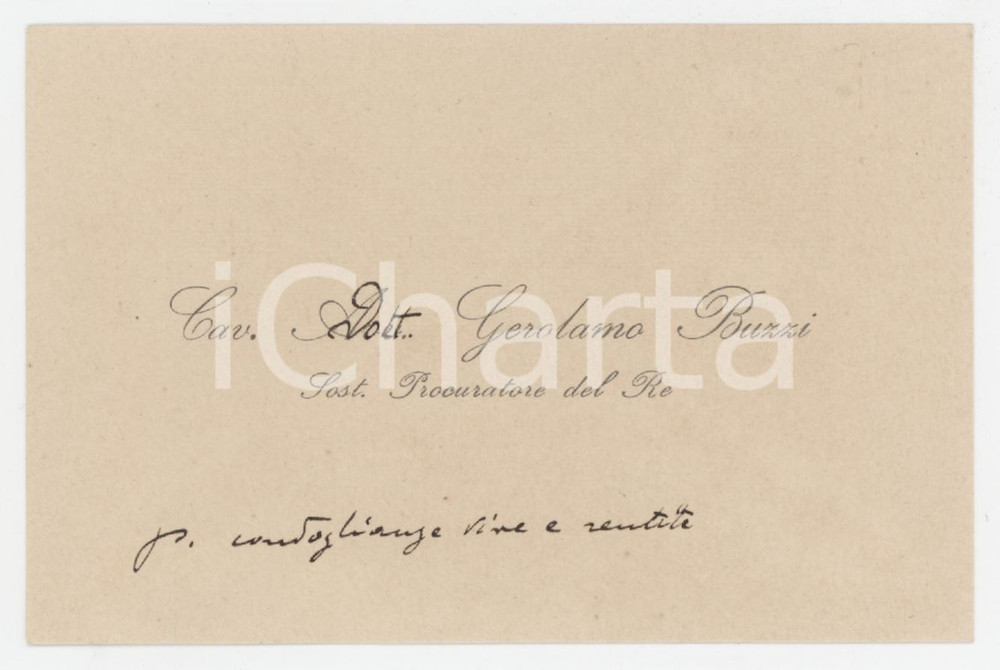 1930 ca Gerolamo BUZZI Sostituto Procuratore del Re - Biglietto autografo Biglietto da visita d'epoca, con messaggio autografo. GOOD/buono  Formato: 11x7 cm originale e autentica 1
