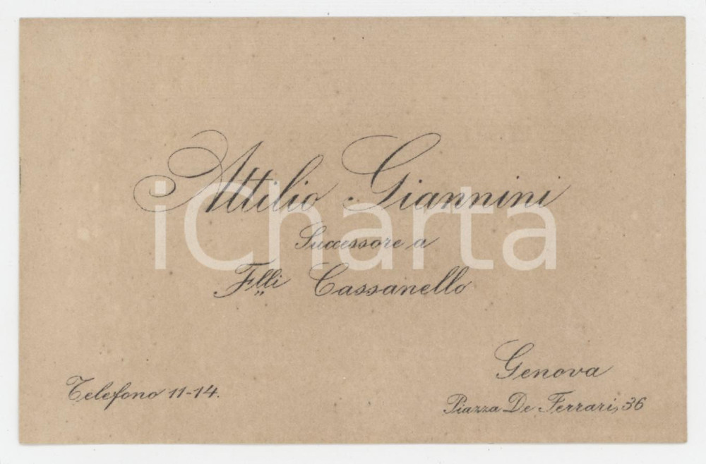 1920 ca GENOVA Attilio GIANNINI Successore F.lli CASSANELLO Biglietto da visita Biglietto da visita d'epoca. FAIR/discreto minime fioriture Formato: 11x7 cm originale e autentica 1