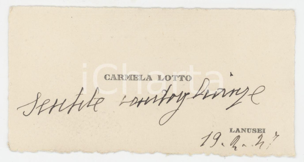 1927 SARDEGNA LANUSEI Carmela LOTTO - Biglietto da visita autografo Biglietto da visita con messaggio autografo.  GOOD/buono  Formato: 11x5 cm originale e autentica 1
