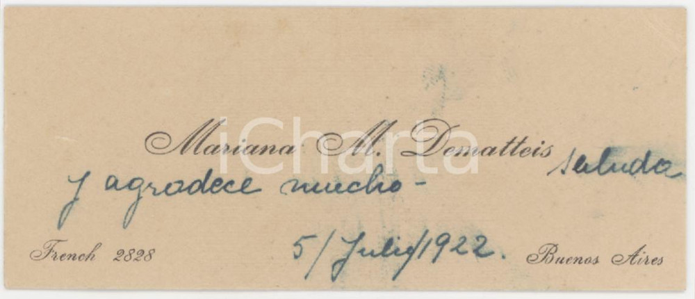 1922 BUENOS AIRES (ARGENTINA) - Mariana M. DEMATTEIS - Biglietto da visita