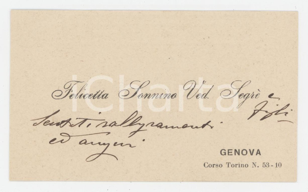 1920 ca GENOVA Felicetta SONNINO Vedova SEGRE' ^Biglietto da visita autografo