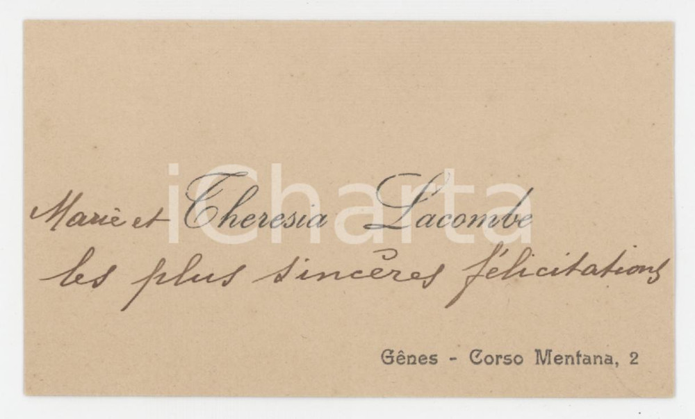 1920 ca GENOVA Corso Mentana - Marie e Theresia LACOMBE - Biglietto da visita